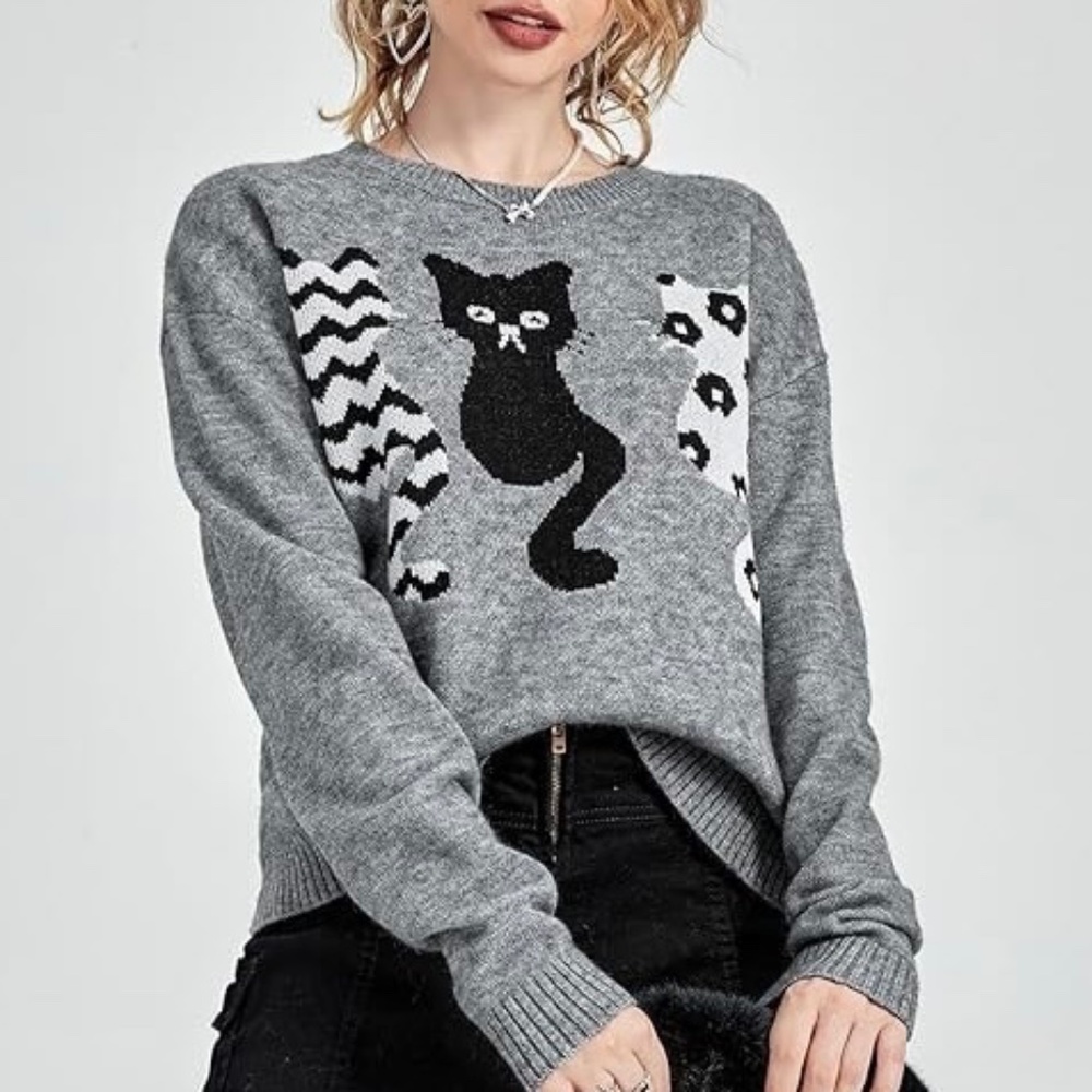 Cat Print Pattern Drop Shoulder Sweater Relaxed Fit Size Small